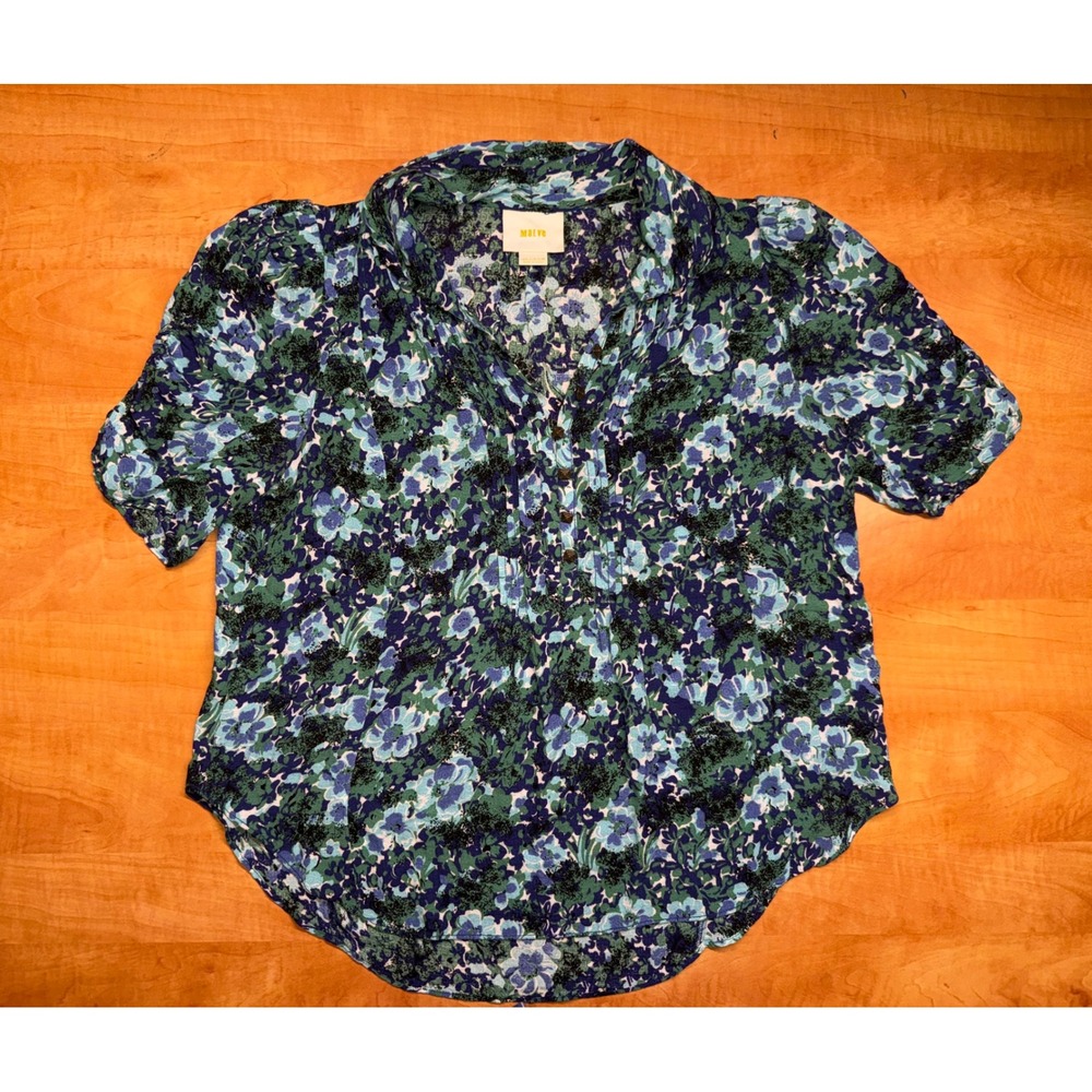 Maeve Anthropologie Blue Green Floral Button Front Pintuck Blouse‎ Size 6 Top